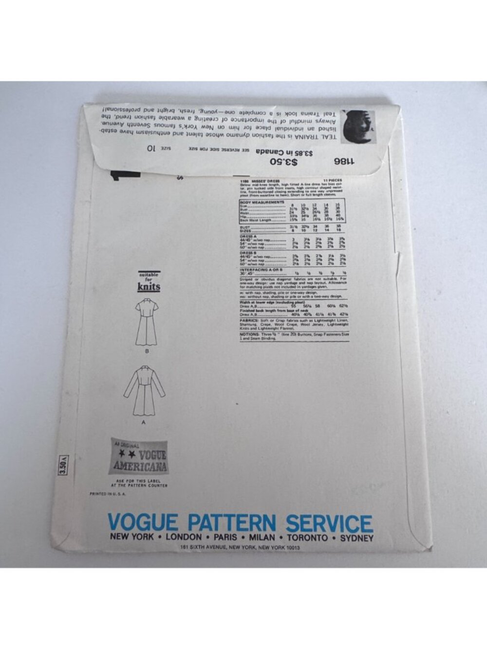Vogue Americana Sewing Pattern 1186 Teal Traina Coat Dress 1970s A-Line Size 10 - Picture 10 of 11